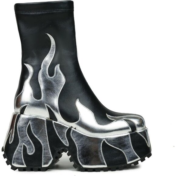 Shoes - ⚡Women's Silver Synthetic Red Flame Printing Ankle-High Round Toe Heel Boots